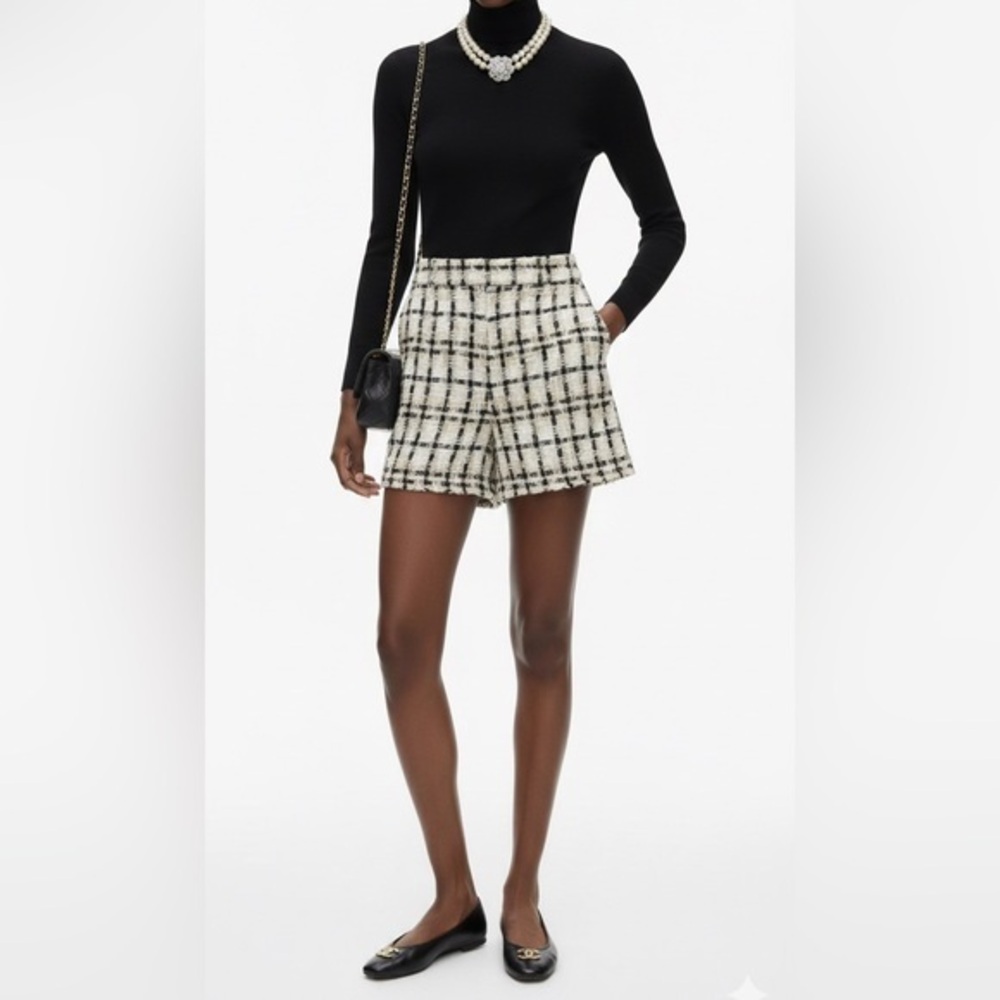 New Zara Highrise Plaid Tweed Cream, Beige & Black Shorts Size Extra Small